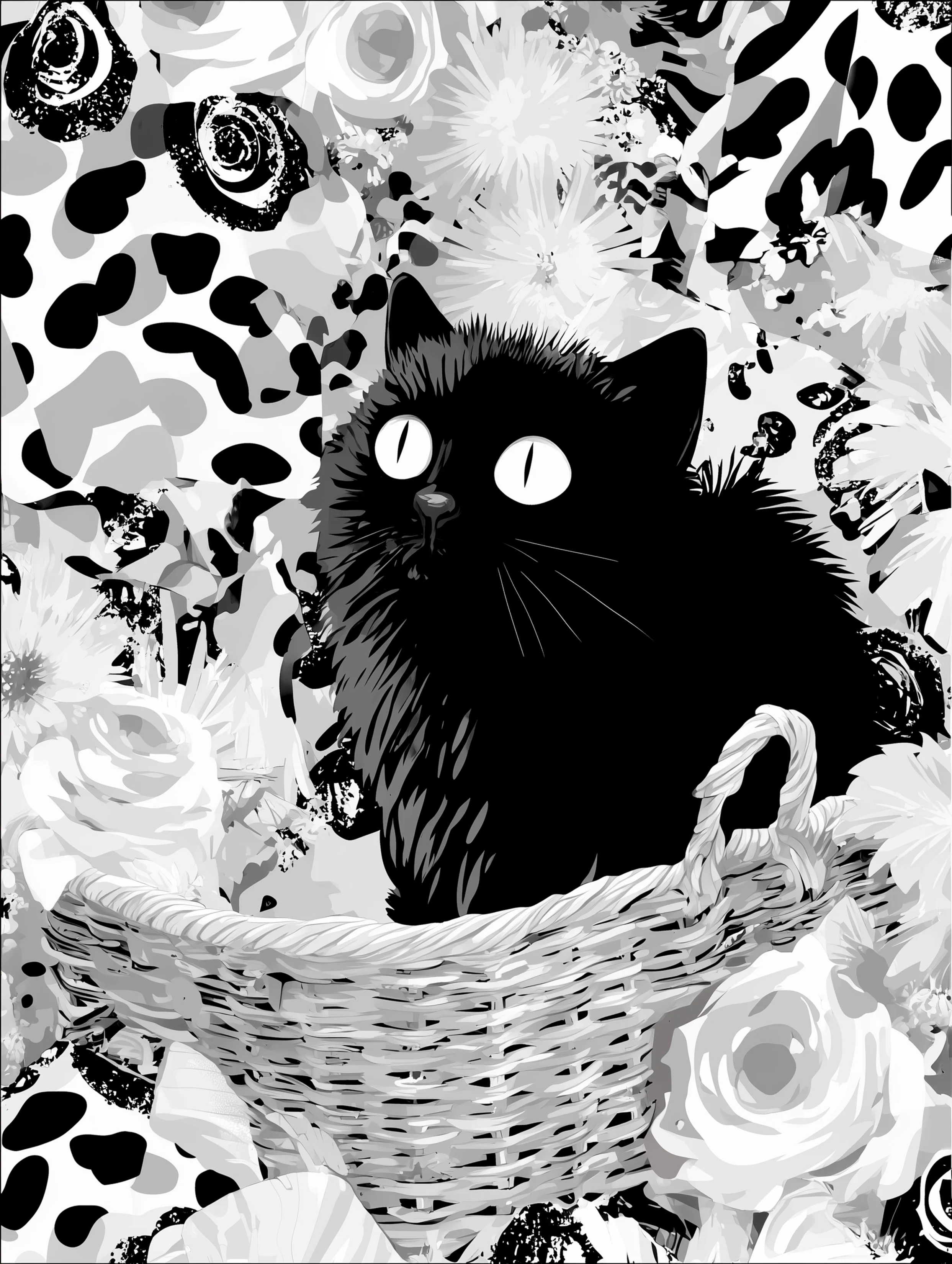 Free printable black cat coloring page for adults featuring nervous black cat in a basket